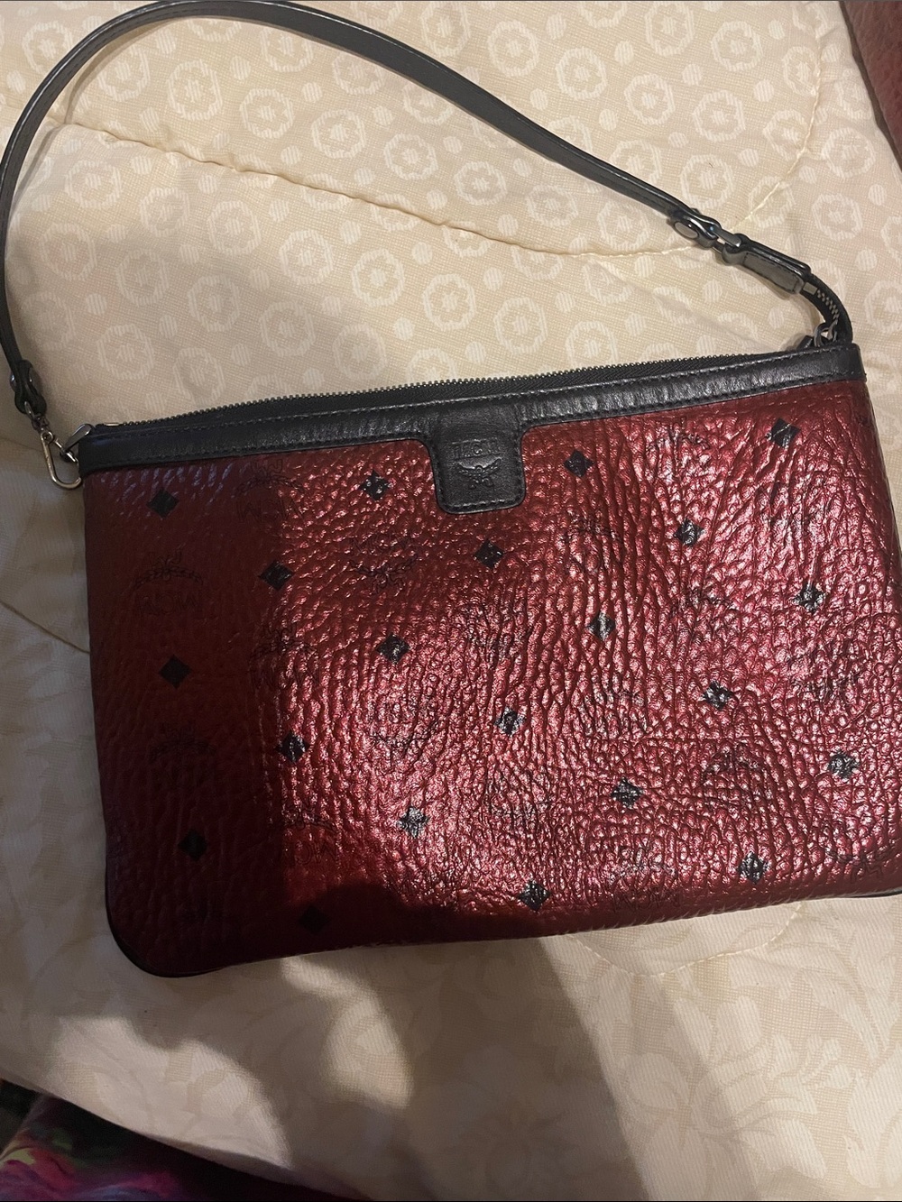 MCM Metallic Red Visetos Monogram Tote with Black Trim and Pouch - Picture 7 of 10